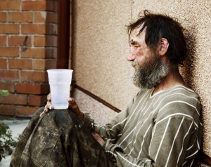 Homeless poor alcoholic in depression.